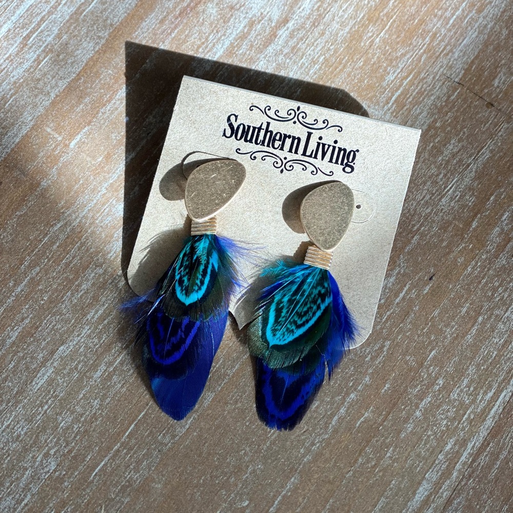 Gold Blue Peacock Feather Earrings